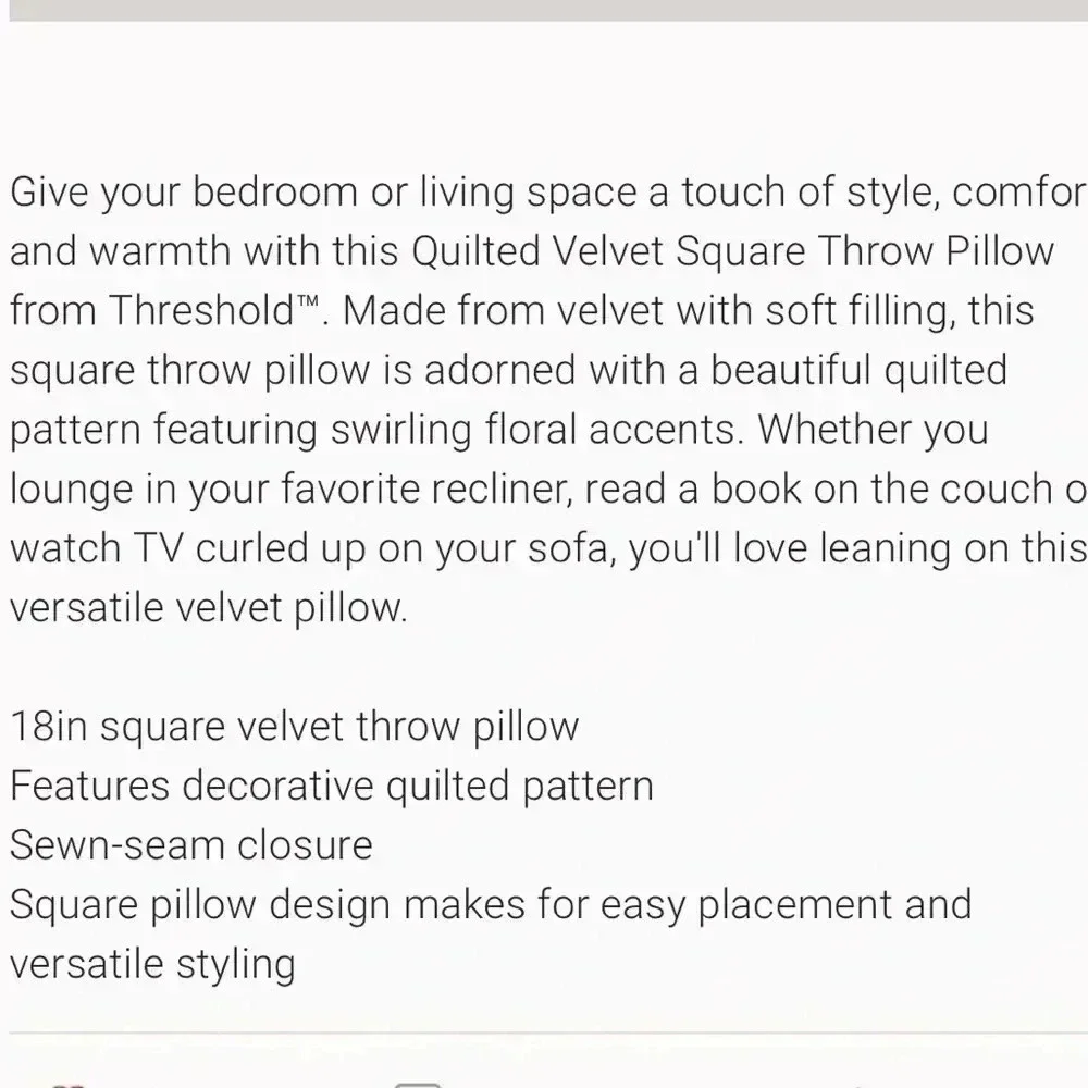 THRESHOLD QUILTED VELVET‎ SQUARE PILLOW 18x18